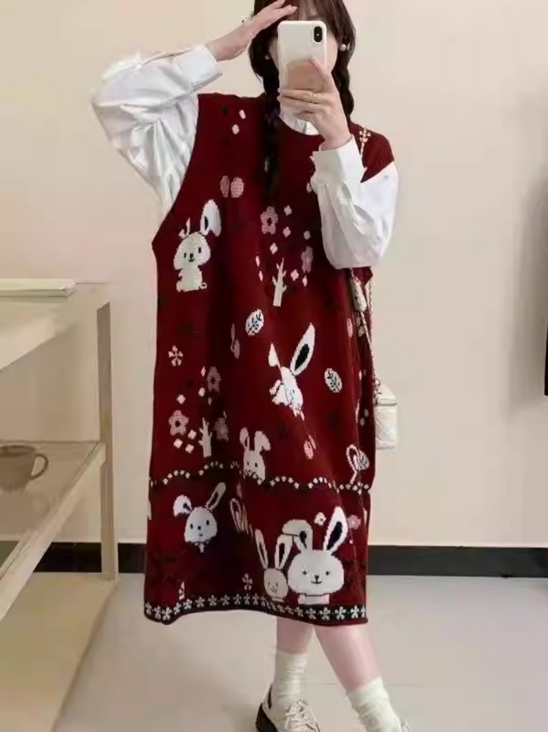 Winter Clothing Trends 2025 Women'S - ชุดเดรสไหมพรมแขนกุดทรงหลวมสไตล์การ์ตูนสุดชิล ประจำฤดูใบไม้ร่วงและฤดูหนาวปี 2025 เสื้อผ้าแฟชั่นผู้หญิงไซส์ใหญ่ รุ่น w1200