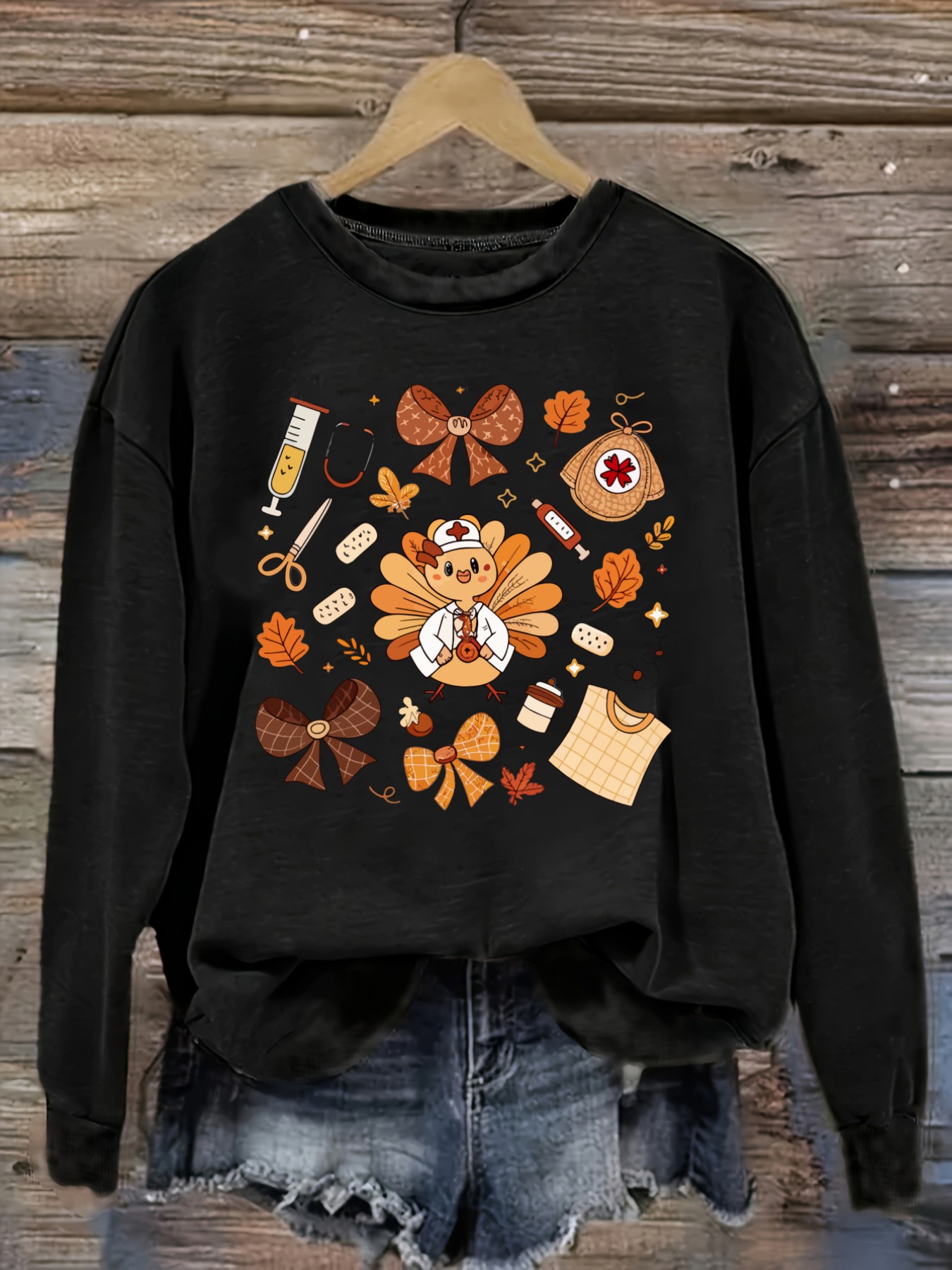 Winter Clothing Cute - เสื้อยืดแขนยาวคอกลมลำลองสำหรับผู้หญิง ลายพยาบาลตุรกีสุดน่ารัก ดีไซน์ลายฤดูใบไม้ร่วง เสื้อผ้าผู้หญิงคอกลม ซักเครื่องได้ ยืดหยุ่นเล็กน้อย