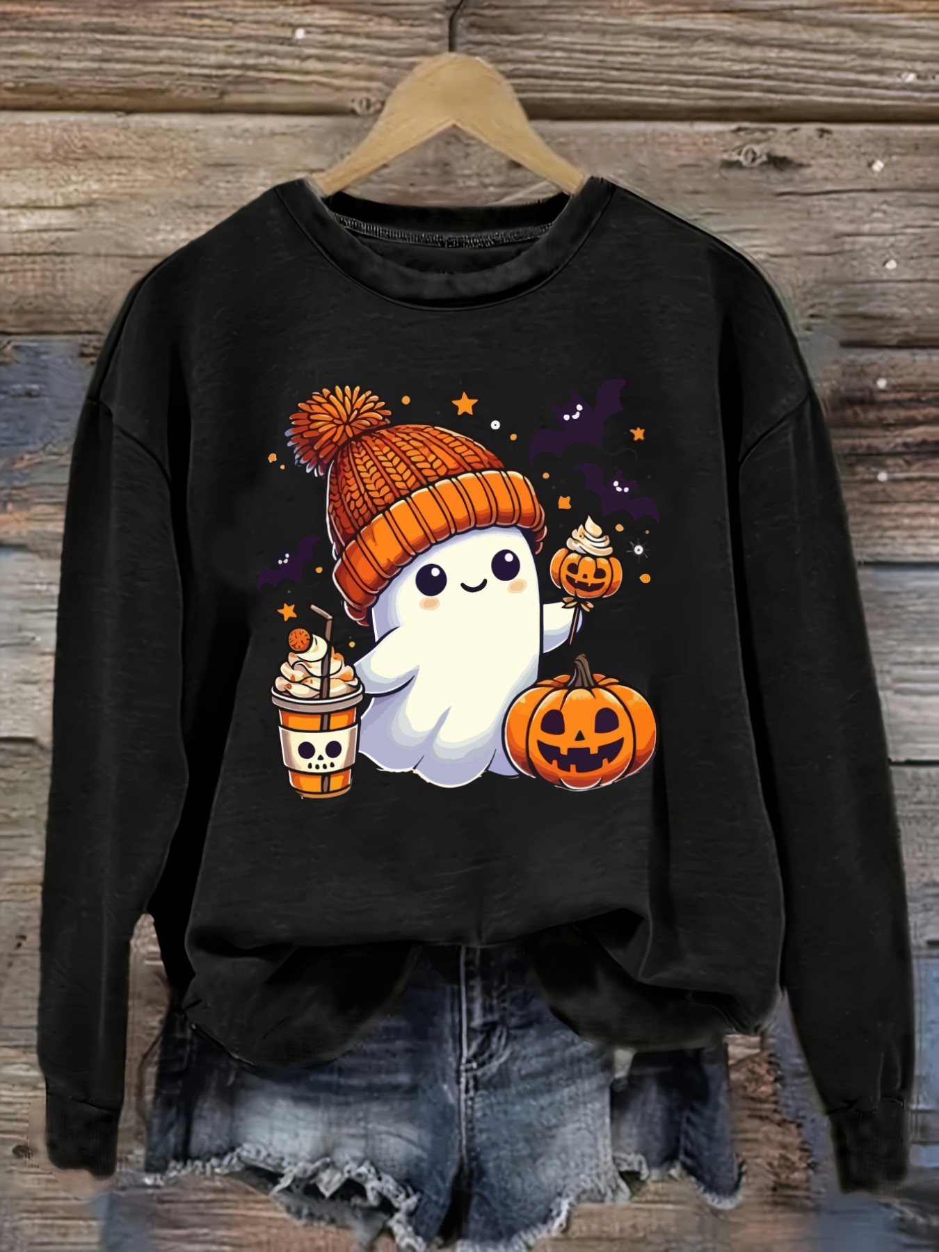 Winter Clothing Cute - เสื้อยืดแขนยาวคอกลมลำลองสำหรับผู้หญิง ลายพิมพ์ผีน่ารักและฟักทองฮาโลวีน เสื้อผ้าผู้หญิงคอกลม ซักเครื่องได้ ยืดหยุ่นเล็กน้อย ทรงหลวม