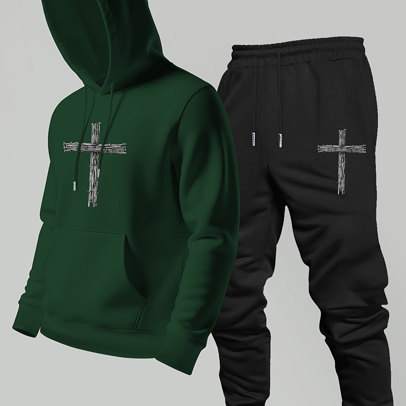 Winter Clothing Logos - ชุดเสื้อฮู้ดและกางเกงขายาวสองชิ้นพร้อมลายพิมพ์โลโก้กากบาทสุดทันสมัย ชุดกีฬาลำลองสำหรับผู้ชาย ชุดเสื้อผ้าผู้ชาย