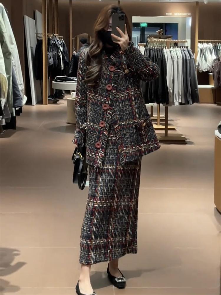 Winter Clothing For Sale - ชุดเซ็ตสองชิ้น เสื้อโค้ทสไตล์หรูหราทันสมัย ผ้าทอลายหยาบ กลิ่นอายความหอมอ่อนๆ พร้อมกระโปรงทรงเอเข้ารูป สำหรับผู้หญิง