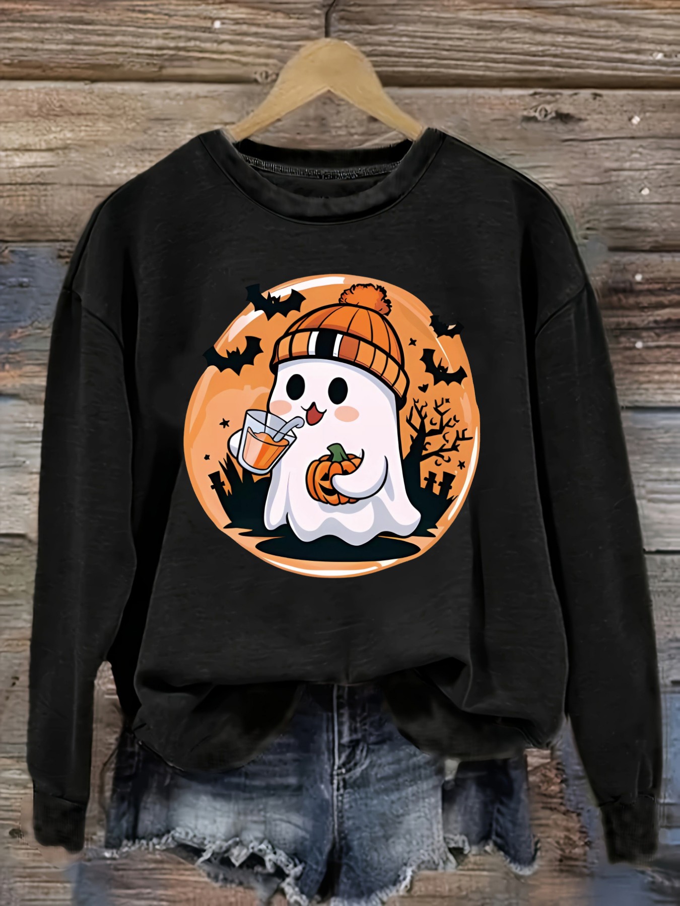 Winter Clothing Cute - เสื้อยืดแขนยาวคอกลมลำลองสำหรับผู้หญิง ลายผีน่ารักถือแก้วน้ำฟักทอง เสื้อผ้าผู้หญิงคอกลม ซักเครื่องได้ ยืดหยุ่นเล็กน้อย ทรงหลวม