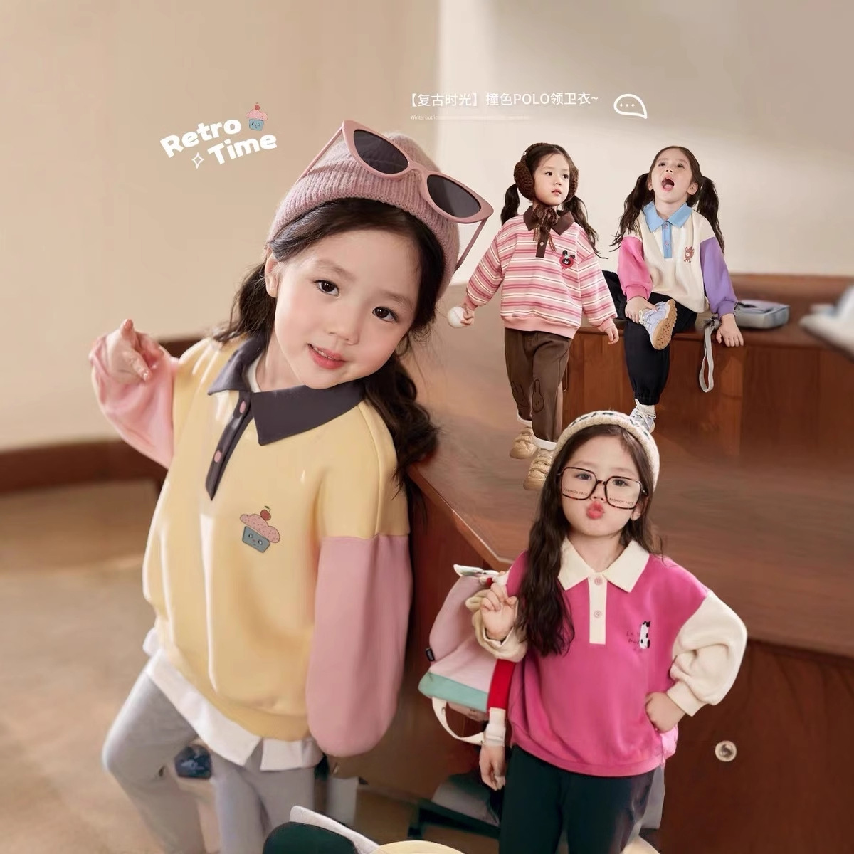 Winter Clothing For Babies - เสื้อฮู้ดดี้คอโปโลสำหรับเด็กและผู้หญิง สีตัดกัน แฟชั่นฤดูหนาว 2025 เสื้อแขนยาวผ้าพลัฌนุ่ม สไตล์ทันสมัย