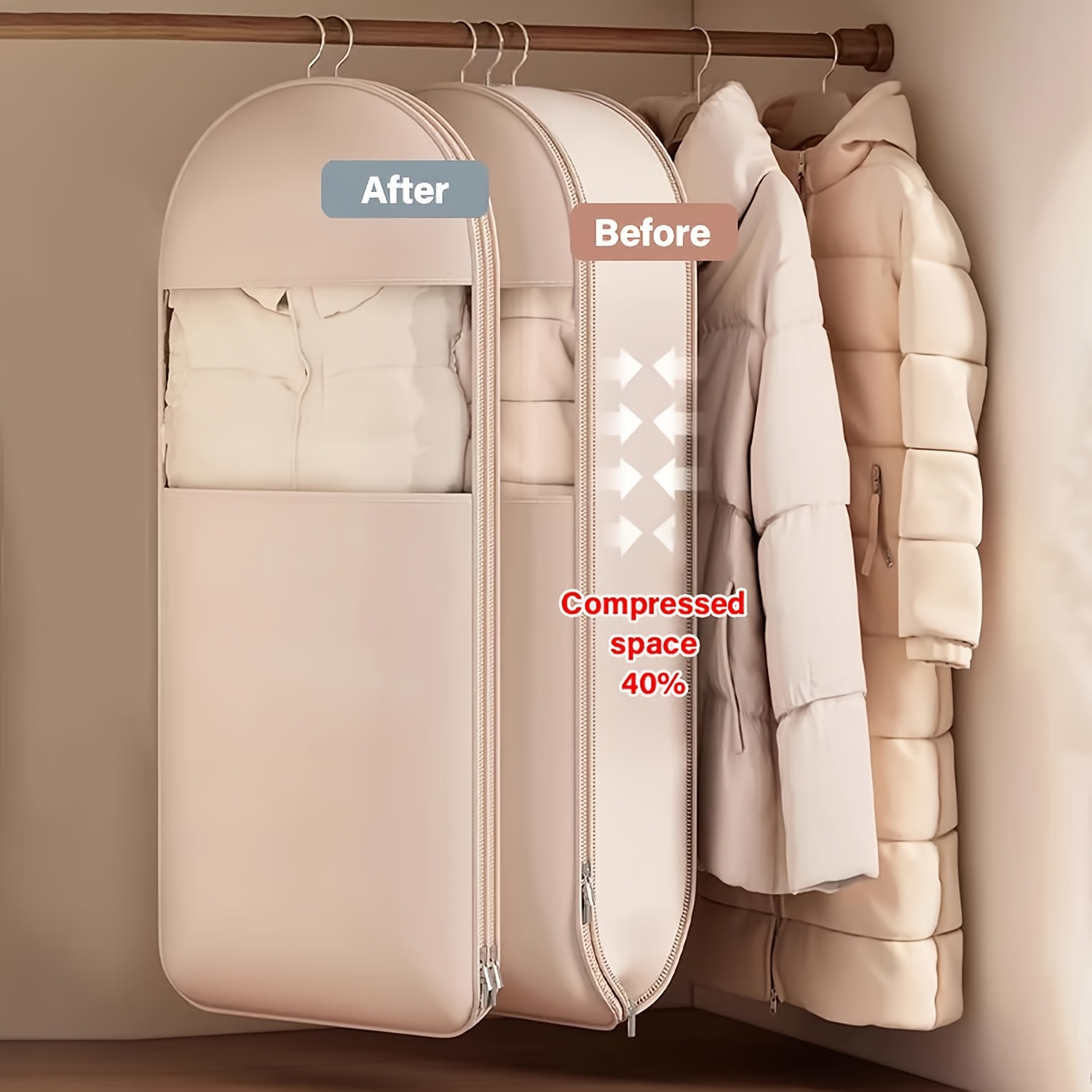 Winter Clothing Storage - ถุงแขวนแบบบีบอัดสีเบจ ประหยัดพื้นที่ 40% ซีลสูญญากาศ โปร่งใส พร้อมซิปทนทานสำหรับเสื้อผ้าฤดูหนาว